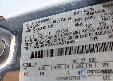 2024 Ford Escape St-Line z USA, uszkodzony, nr VIN 1FMCU0MZ5RUA81945